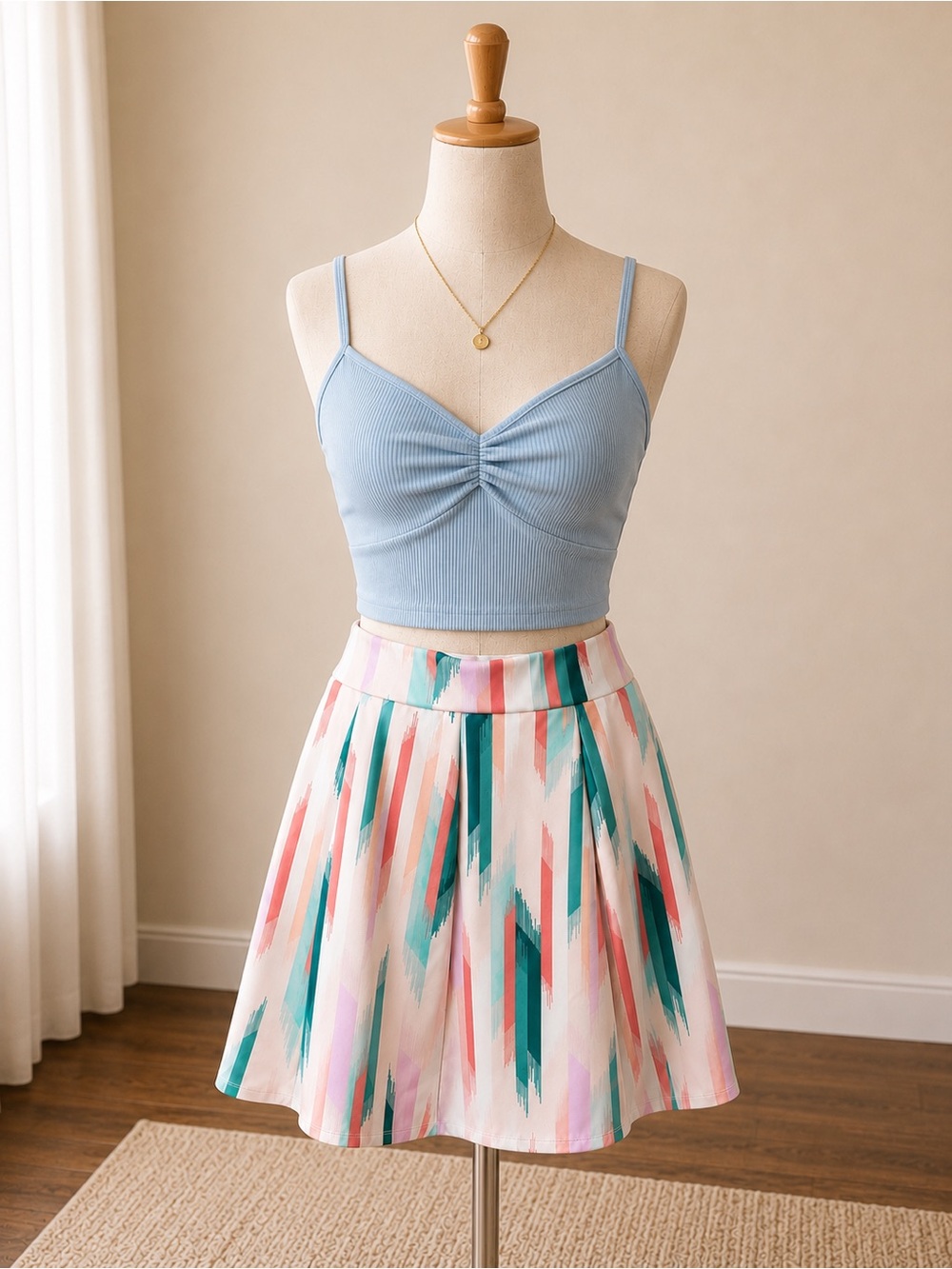 Decree Pastel Abstract A-Line Skater Skirt in Pink, Teal & Cream